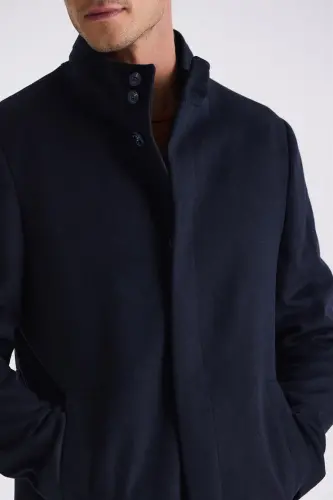 Koyu Lacivert Slim Fit Dik Yaka Balık Sırtı Desenli Yünlü Spor Kaban - 3