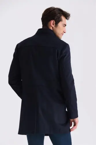 Koyu Lacivert Slim Fit Dik Yaka Balık Sırtı Desenli Yünlü Spor Kaban - 4