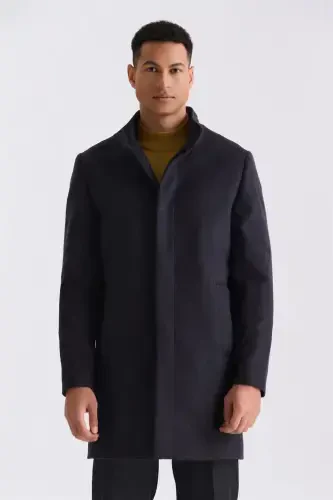 Koyu Lacivert1 Slim Fit Dik Yaka Balık Sırtı Desenli Yünlü Spor Kaban 