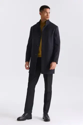 Koyu Lacivert1 Slim Fit Dik Yaka Balık Sırtı Desenli Yünlü Spor Kaban - JAKAMEN (1)