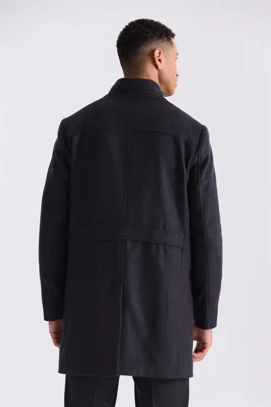 Koyu Lacivert1 Slim Fit Dik Yaka Balık Sırtı Desenli Yünlü Spor Kaban - 4