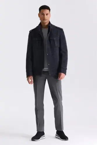 Koyu Lacivert Slim Fit Hakim Yaka Apoletli Desenli Spor Kaşe Kaban - JAKAMEN (1)