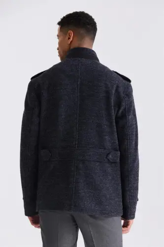 Koyu Lacivert Slim Fit Hakim Yaka Apoletli Desenli Spor Kaşe Kaban - 3