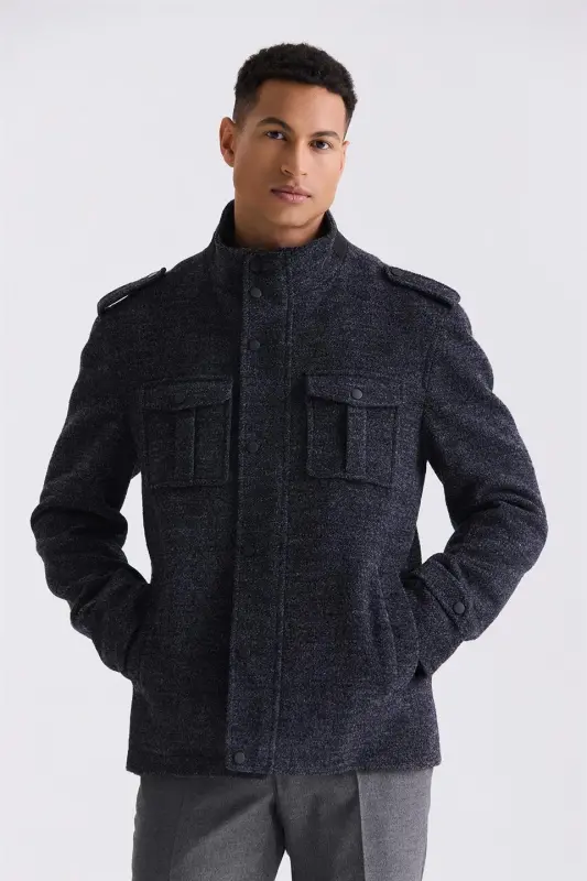 Koyu Lacivert Slim Fit Hakim Yaka Apoletli Desenli Spor Kaşe Kaban - 4
