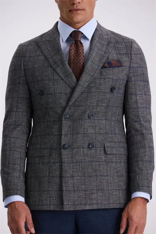 Koyu Lacivert Slim Fit Kırlangıç Yaka Kareli Kombinli Kruvaze Takım Elbise - 3