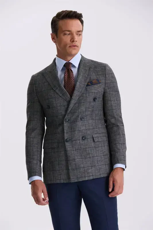 Koyu Lacivert Slim Fit Kırlangıç Yaka Kareli Kombinli Kruvaze Takım Elbise - 1