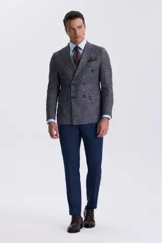 Koyu Lacivert Slim Fit Kırlangıç Yaka Kareli Kombinli Kruvaze Takım Elbise - 2