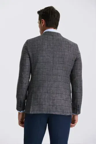 Koyu Lacivert Slim Fit Kırlangıç Yaka Kareli Kombinli Kruvaze Takım Elbise - 4