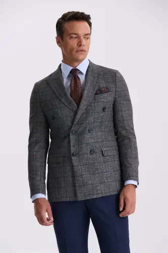 Koyu Lacivert Slim Fit Kırlangıç Yaka Kareli Kombinli Kruvaze Takım Elbise - 1