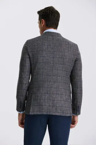 Koyu Lacivert Slim Fit Kırlangıç Yaka Kareli Kombinli Kruvaze Takım Elbise - 4