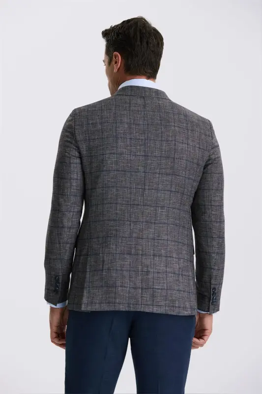 Koyu Lacivert Slim Fit Kırlangıç Yaka Kareli Kombinli Kruvaze Takım Elbise - 4