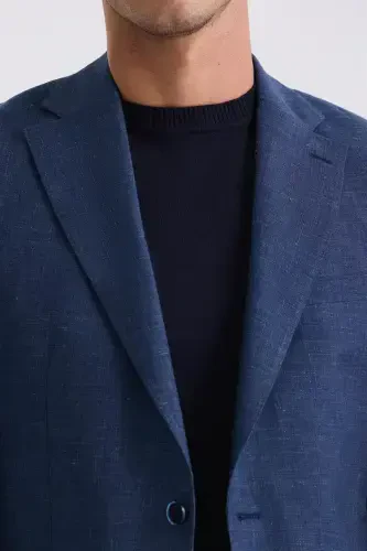 Koyu Lacivert Slim Fit Mono Yaka Keten Spor Ceket 