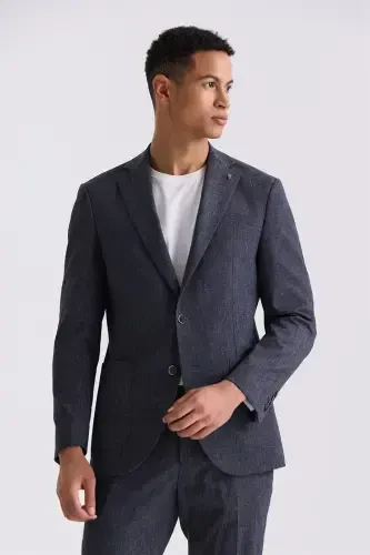Koyu Lacivert Slim Fit Mono Yaka Keten Takım Elbise - JAKAMEN (1)