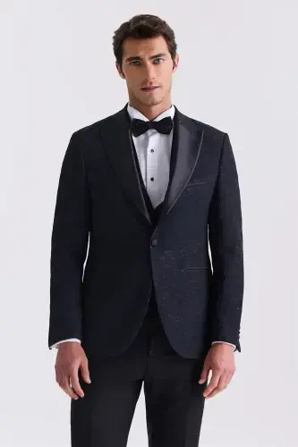 Koyu Lacivert Slim Fit Sivri Yaka Yelekli Smokin Takım Elbise - 1