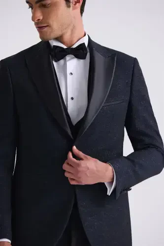 Koyu Lacivert Slim Fit Sivri Yaka Yelekli Smokin Takım Elbise - 3