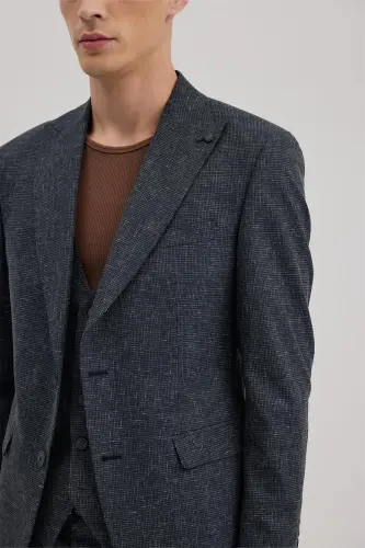 Koyu Lacivert Slim Fit Sivri Yaka Yelekli Takım Elbise - 3