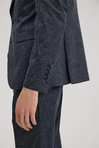 Koyu Lacivert Slim Fit Sivri Yaka Yelekli Takım Elbise - 5