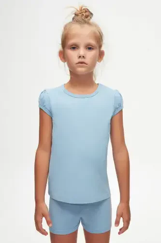 Koyu Mavi Basic Kız Çocuk Sıfır Yaka Karpuz Kol Tişört-SKY BLUE - LOVETTI (1)