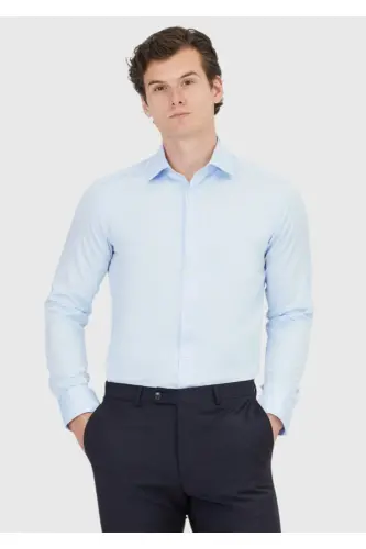 Koyu Mavi Slim Fit Dokuma Klasik %100 Pamuk Gömlek - Koyu Mavi - 1