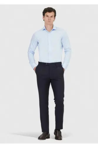 Koyu Mavi Düz Slim Fit Uzun Dokuma Klasik %100 Pamuk Gömlek - Koyu Mavi - RAMSEY (1)