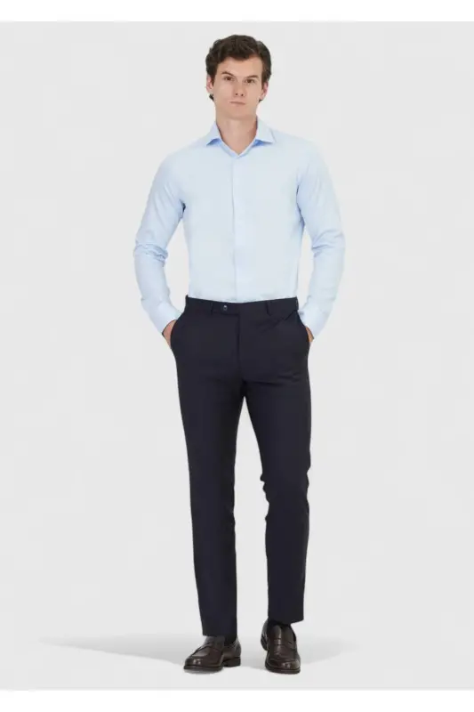 Koyu Mavi Düz Slim Fit Uzun Dokuma Klasik %100 Pamuk Gömlek - Koyu Mavi - 2