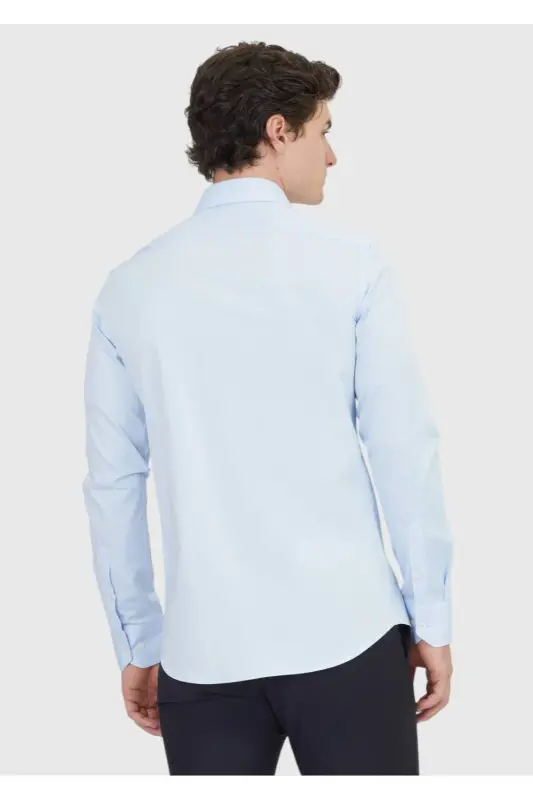 Koyu Mavi Düz Slim Fit Uzun Dokuma Klasik %100 Pamuk Gömlek - Koyu Mavi - 5