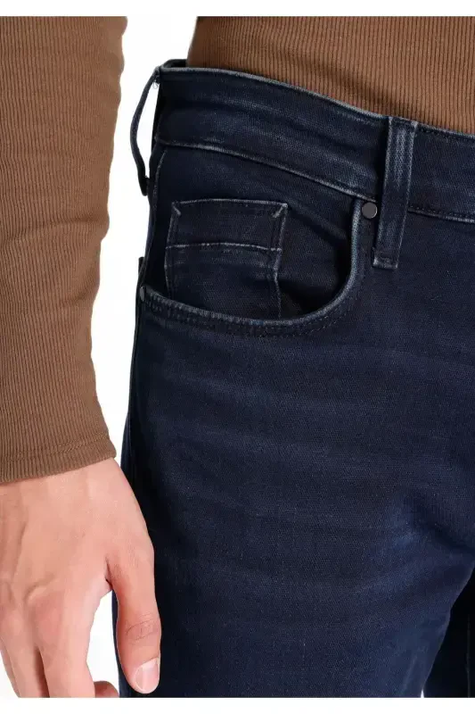 Slim Fit Düşük Bel Dar Paça Erkek Koyu İndigo Jean Pantolon - 5