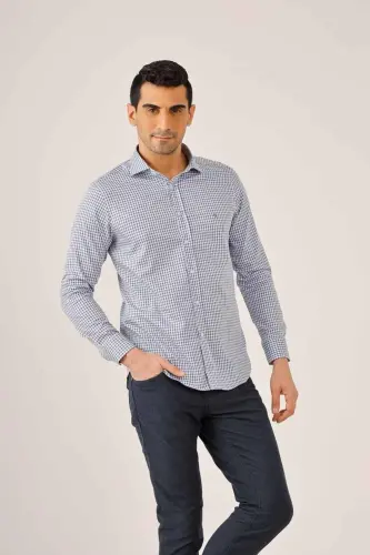 Koyu Mavi Erkek Slim Fit Ekose Desenli Yarım İtalyan Yaka Uzun Kol Gömlek - 90004 - Koyu Mavi - 1
