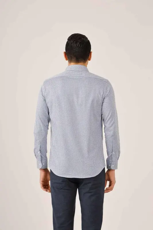 Koyu Mavi Erkek Slim Fit Ekose Desenli Yarım İtalyan Yaka Uzun Kol Gömlek - 90004 - Koyu Mavi - 4
