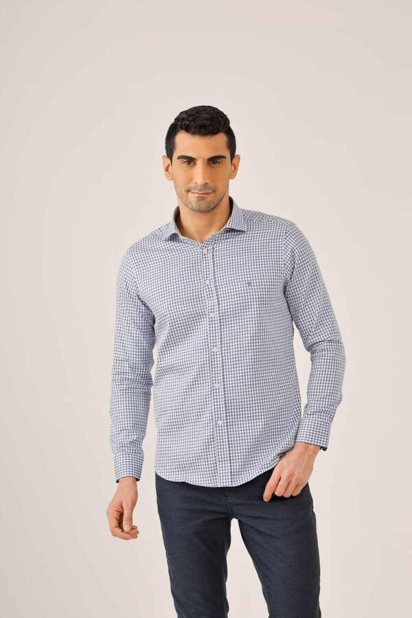 Koyu Mavi Erkek Slim Fit Ekose Desenli Yarım Italyan Yaka Uzun Kol Gömlek - 90004 - 7