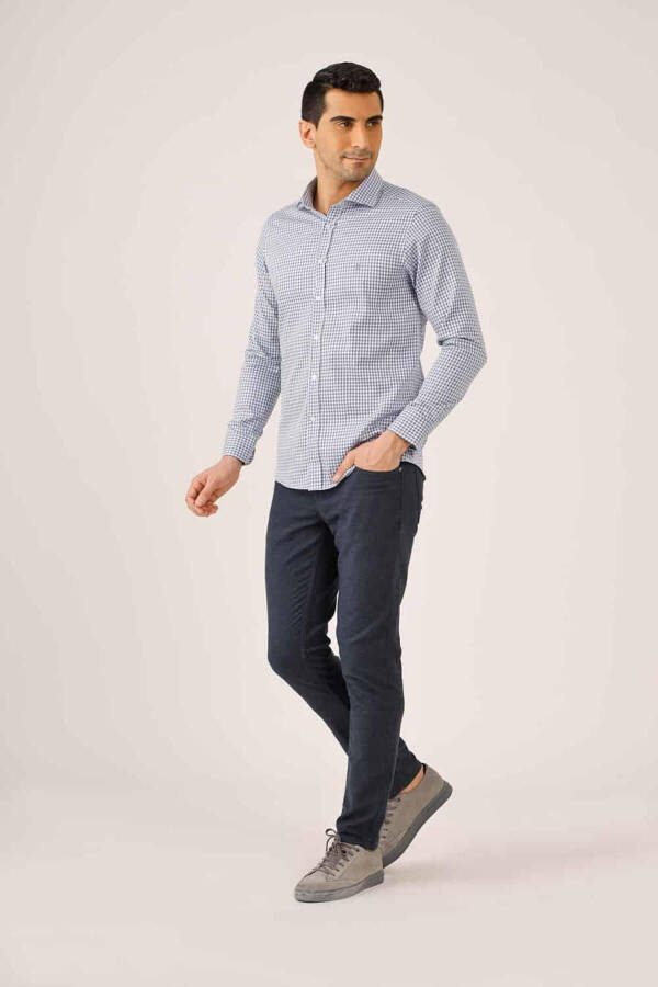 Koyu Mavi Erkek Slim Fit Ekose Desenli Yarım Italyan Yaka Uzun Kol Gömlek - 90004 - 8