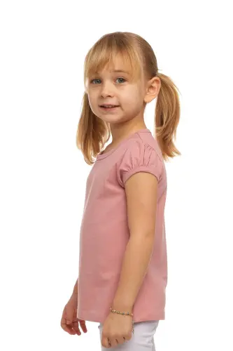 Koyu Pudra Basic Kız Çocuk Sıfır Yaka Karpuz Kol Tişört - DARK POWDER PINK - 3