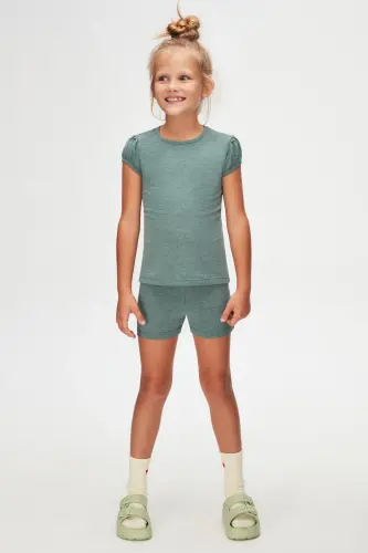 Koyu Yeşil Melanj Basic Kız Çocuk Sıfır Yaka Karpuz Kol Tişört - DARK GREEN MELANGE 