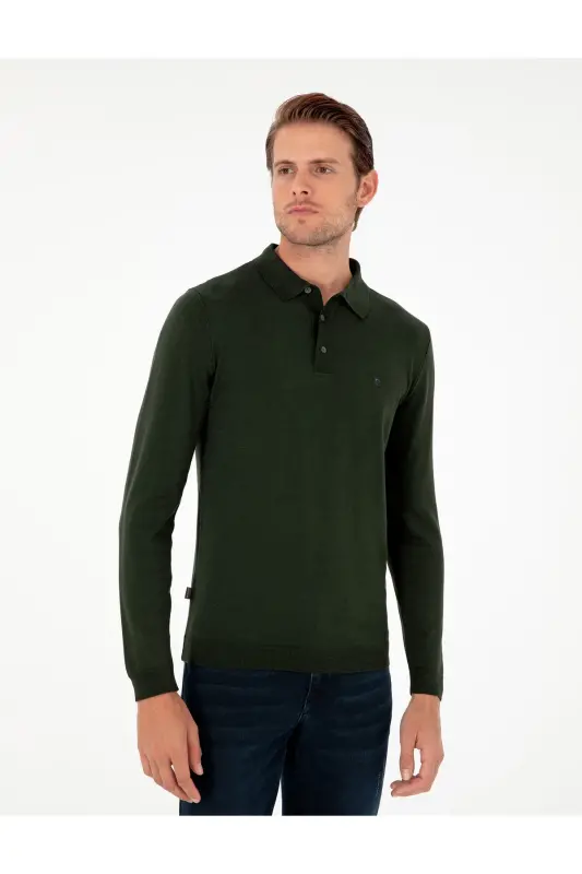 Koyu Yeşil Slim Fit Polo Yaka Basic Triko Kazak 50296623-VR079-Koyu Yeşil - 3