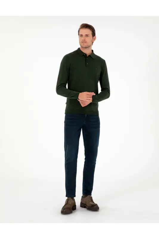 Koyu Yeşil Slim Fit Polo Yaka Basic Triko Kazak 50296623-VR079-Koyu Yeşil - 4