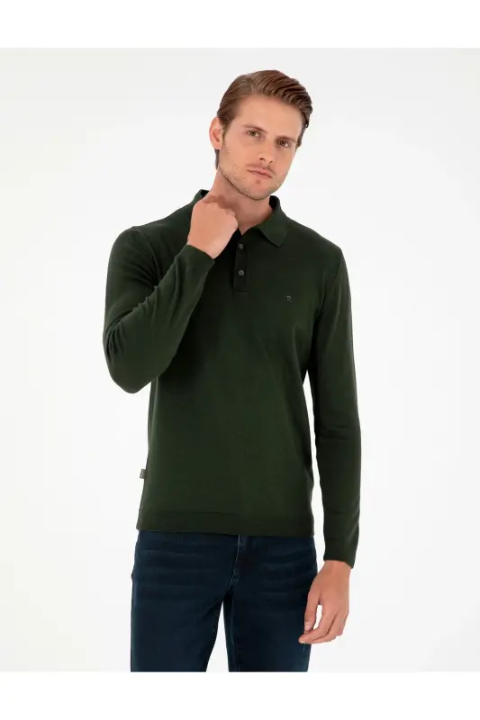 Koyu Yeşil Slim Fit Polo Yaka Basic Triko Kazak 50296623-VR079-Koyu Yeşil - 1