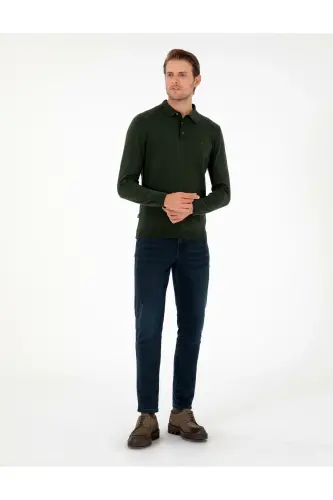 Koyu Yeşil Slim Fit Polo Yaka Basic Triko Kazak 50296623-VR079-Koyu Yeşil - 4