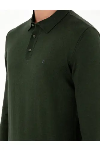 Koyu Yeşil Slim Fit Polo Yaka Basic Triko Kazak 50296623-VR079-Koyu Yeşil - 7