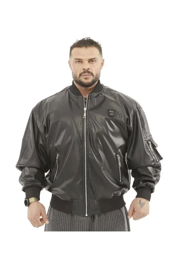 Кожаная куртка-бомбер широкого кроя с меховой подкладкой. - 1