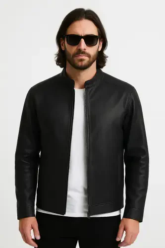 Кожаная куртка Jack & Jones Slim Fit для мужчин, черная - 1