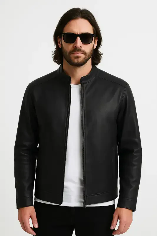 Кожаная куртка Jack & Jones Slim Fit для мужчин, черная - 1