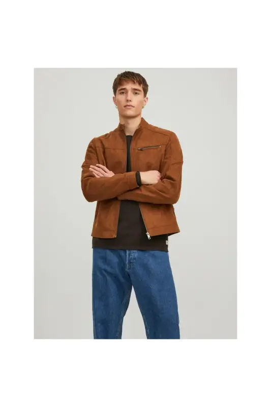 Кожаная куртка Jack&Jones для мужчин, цвет хаки - 2