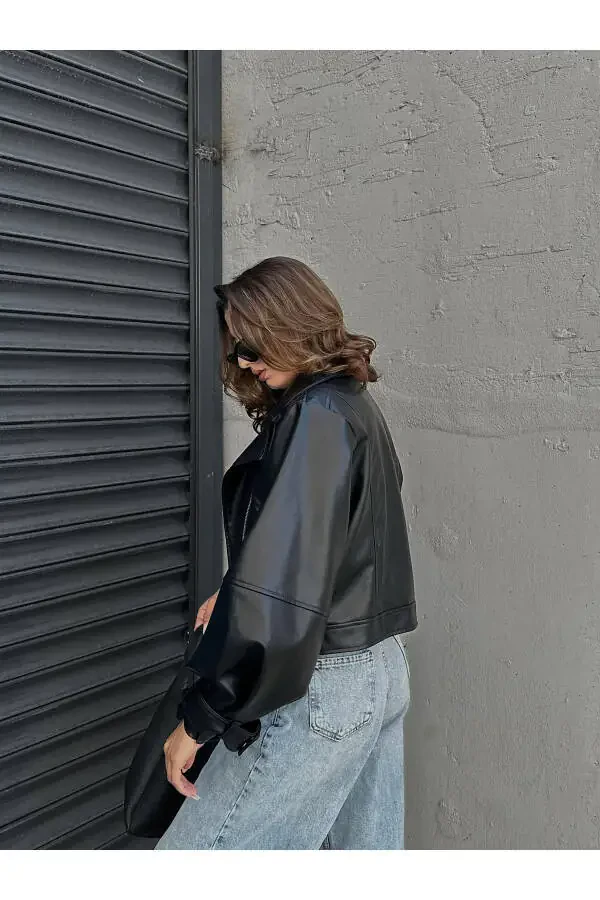 Кожаная куртка оверсайз с рукавами-буфами Нового сезона - 19