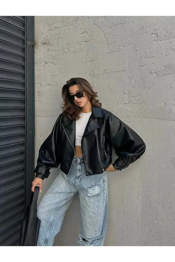 Кожаная куртка оверсайз с рукавами-буфами Нового сезона - 9