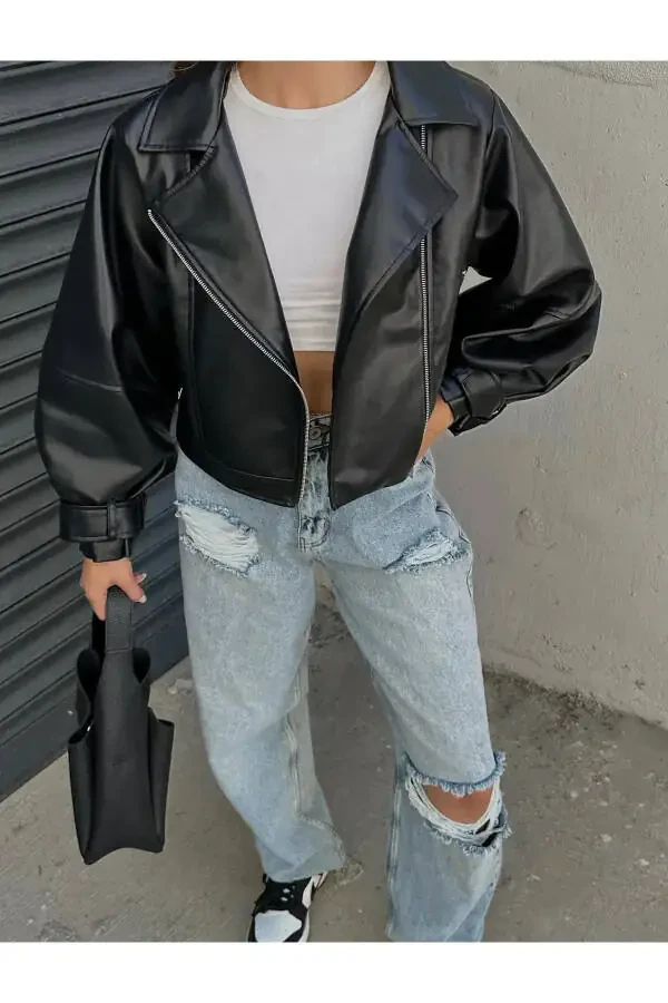 Кожаная куртка оверсайз с рукавами-буфами Нового сезона - 10
