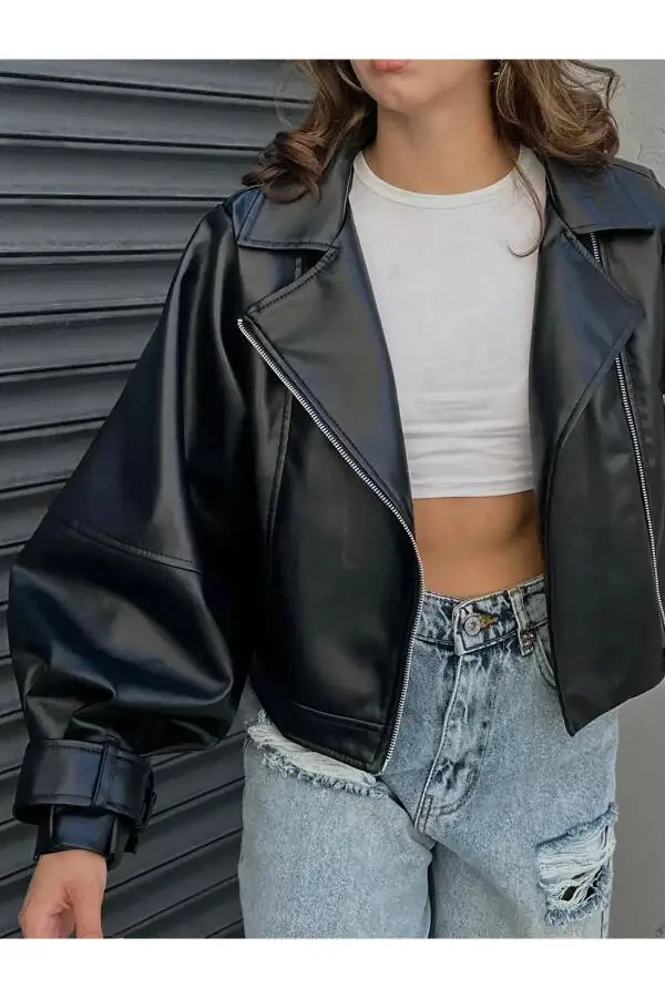 Кожаная куртка оверсайз с рукавами-буфами Нового сезона - 13