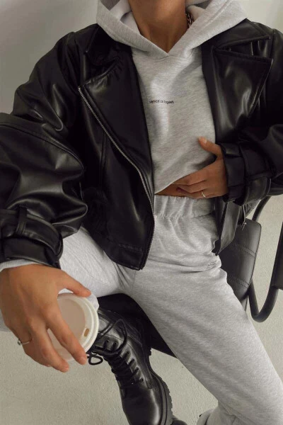 Кожаная куртка оверсайз с рукавами-буфами Нового сезона - 5