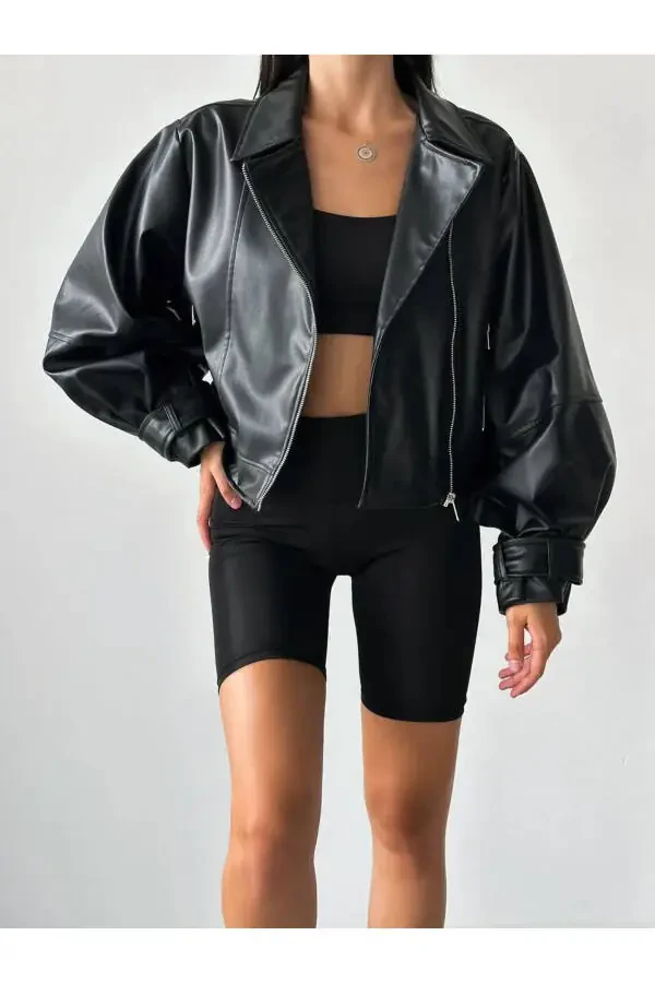 Кожаная куртка оверсайз с рукавами-буфами Нового сезона - 1