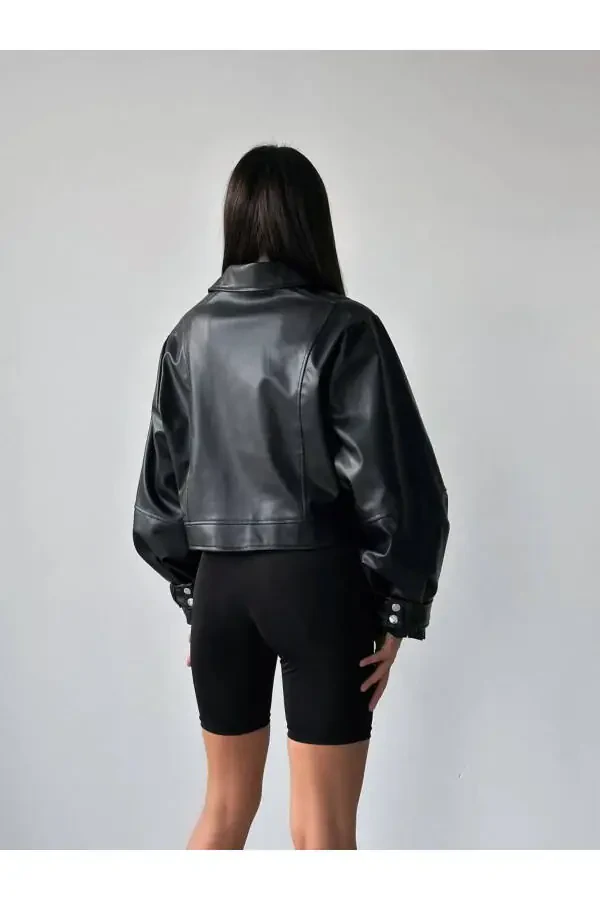 Кожаная куртка оверсайз с рукавами-буфами Нового сезона - 4