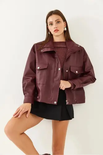 Кожаная куртка с деталями сборки по бокам - Oversize - Бордовый 